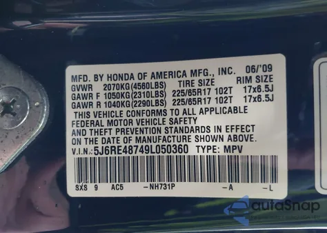 2009 Honda Cr-V Ex-L from USA, damaged, VIN 5J6RE48749L050360